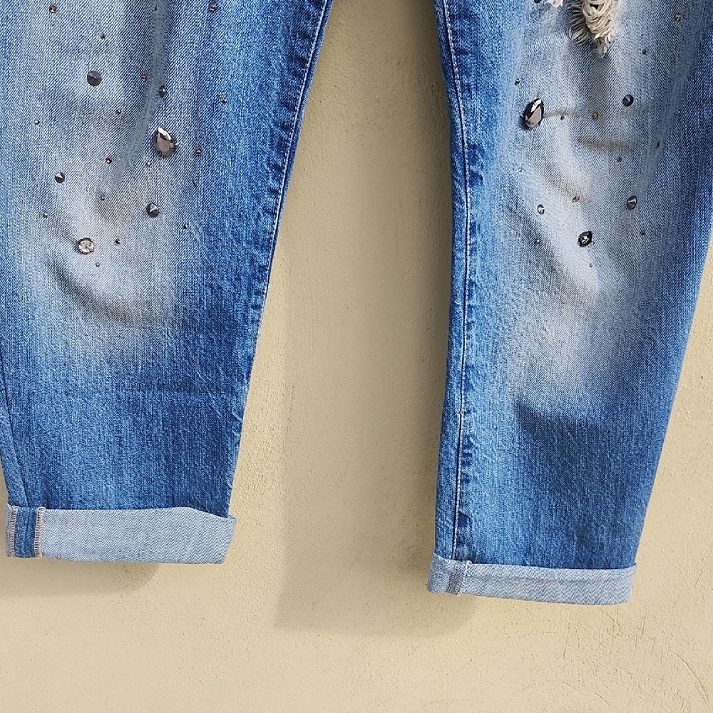 Vtg Made In Italy Distressed Cropped Blue Jeans With Stone Adornments - Picture 5 of 12
